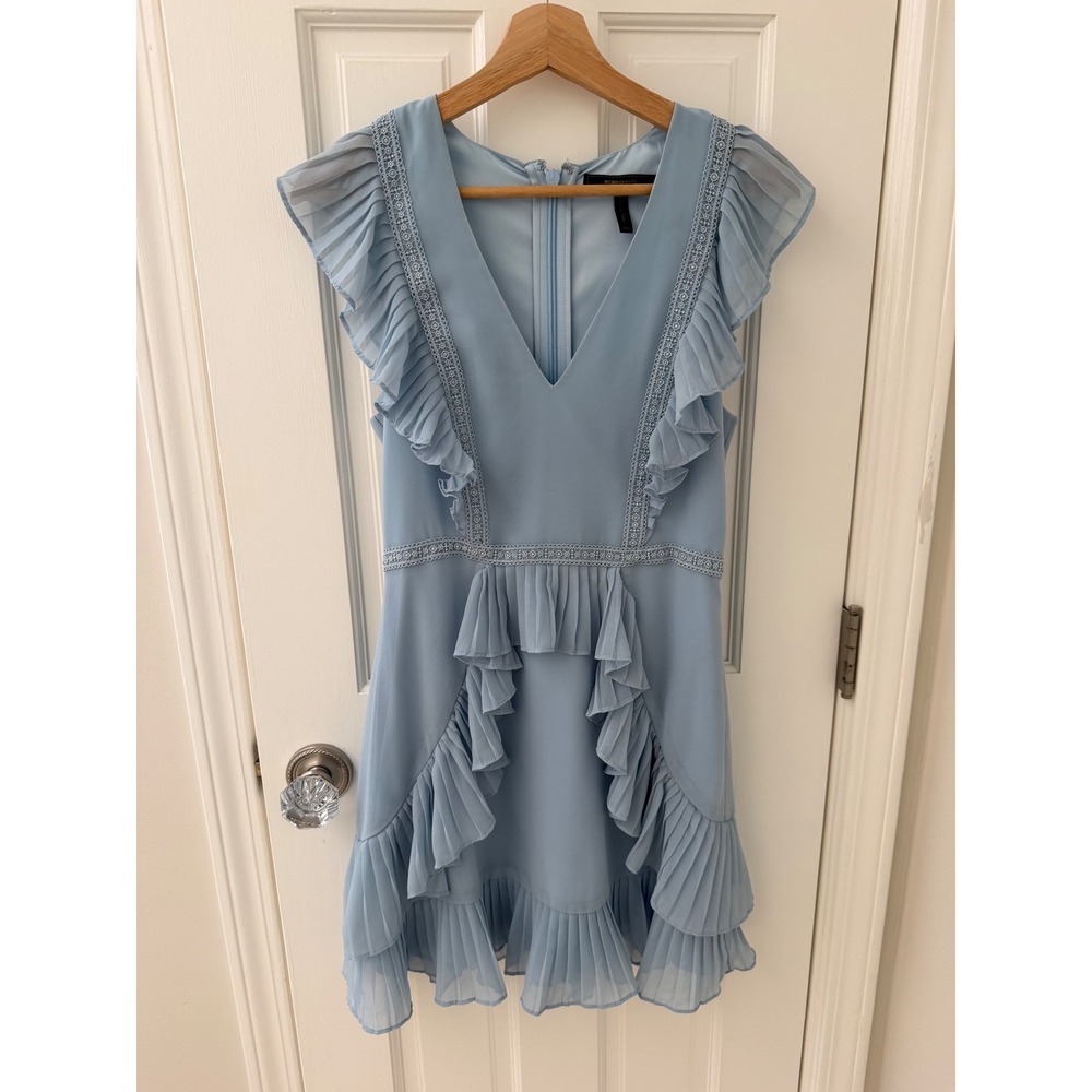 BCBGMAXAZRIA Pleated Ruffle Lace Trim Mini Dress Light Blue Size 4 Romantic